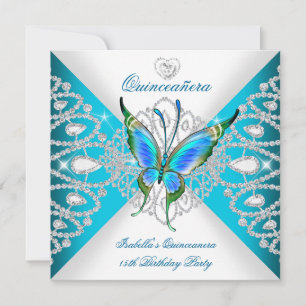 Invitation Quinceanera 15e Tiara, papillon bleu Turquoise pro