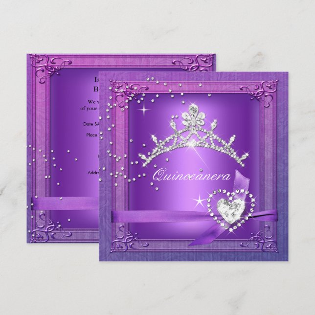 Invitation Quinceanera 15e Tiara Purple 15 Anniversaire (Devant / Derrière)