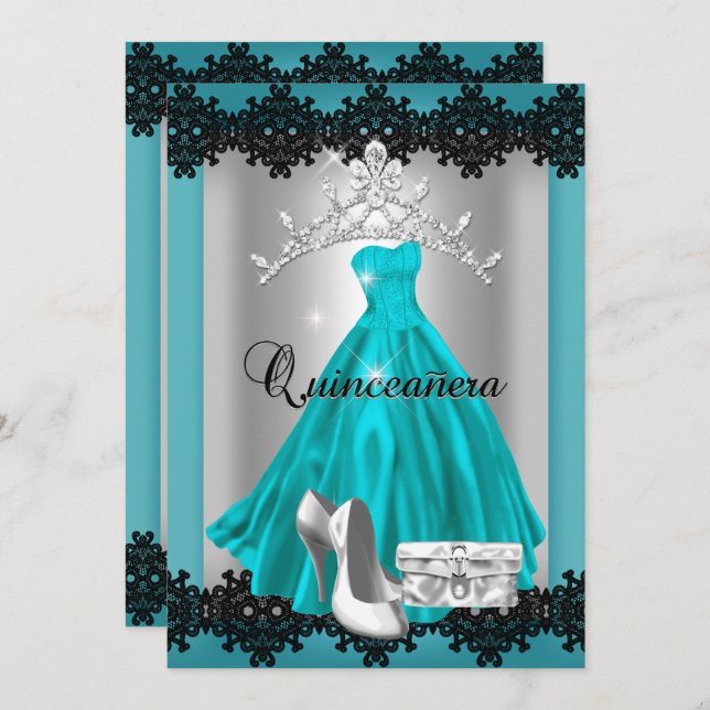 Invitation Quinceanera 15e Tiara Turquoise en argent noir (Devant / Derrière)