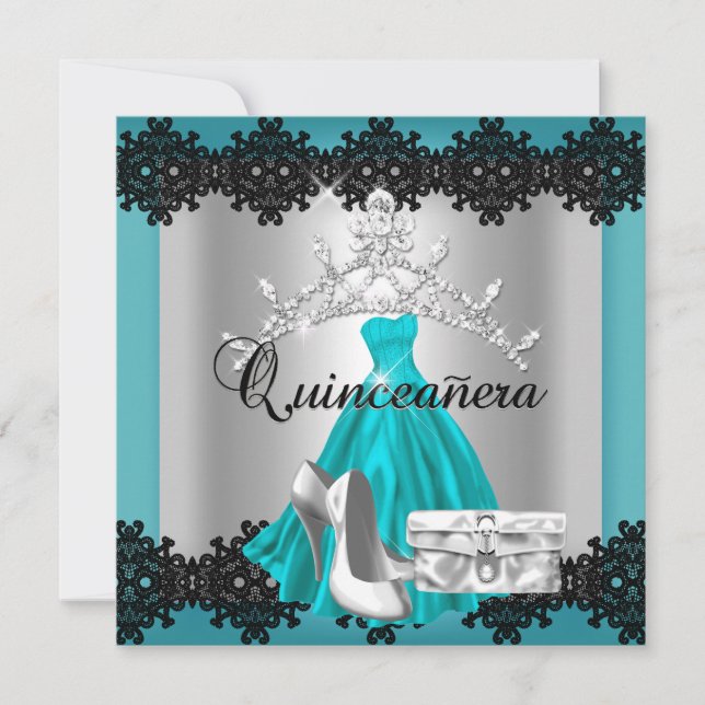 Invitation Quinceanera 15e Tiara Turquoise en argent noir (Devant)
