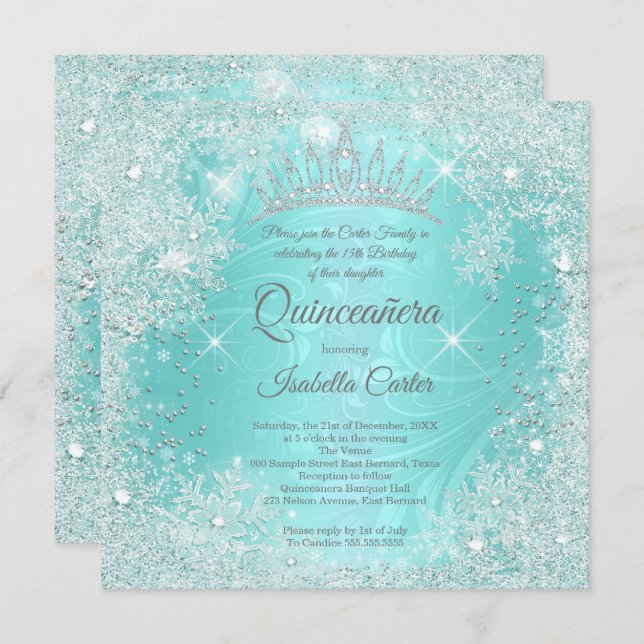 Invitation Quinceanera 15e Turquoise Snowflake Winter Wonderl (Devant / Derrière)