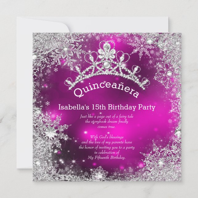 Invitation Quinceanera 15e Winter Wonderland Argent rose (Devant)