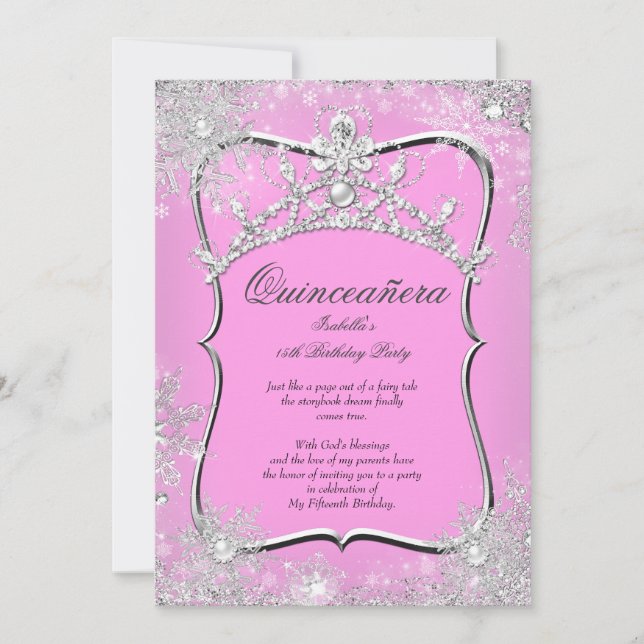 Invitation Quinceanera 15e Winter Wonderland Argent rose (Devant)
