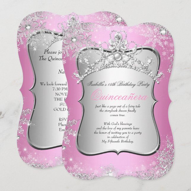 Invitation Quinceanera 15e Winter Wonderland Argent rose (Devant / Derrière)