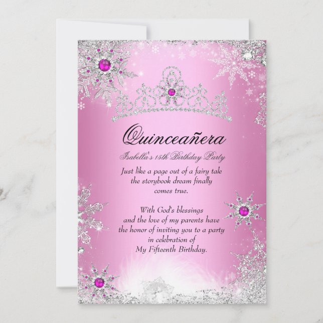 Invitation Quinceanera 15e Winter Wonderland Argent rose (Devant)