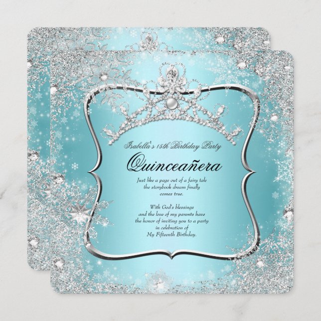 Invitation Quinceanera 15e Winter Wonderland Silver Blue (Devant / Derrière)