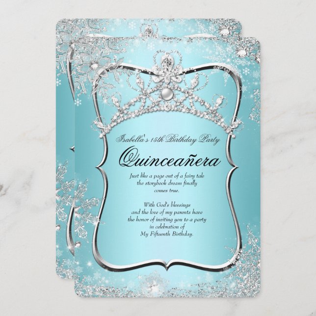 Invitation Quinceanera 15e Winter Wonderland Silver Blue (Devant / Derrière)