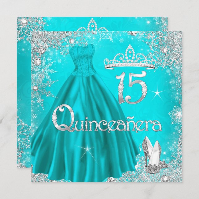 Invitation Quinceanera 15ème Aqua Silver Snowflakes Party 2 (Devant / Derrière)