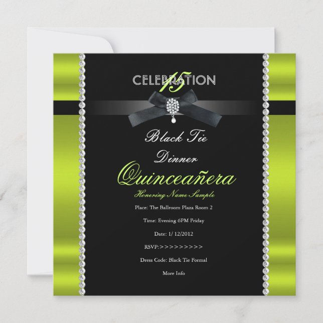 Invitation Quinceanera 15ème Black Cravate Lime Green Black P (Devant)