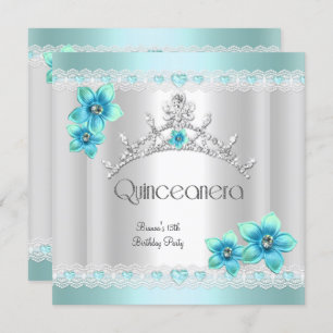 Invitation Quinceanera 15ème Blanc Turquoise Bleu Silver Tiar