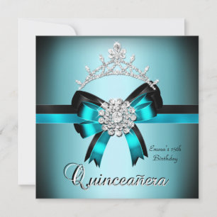 Invitation Quinceanera 15ème Bleu Canard Noir Argent Bow