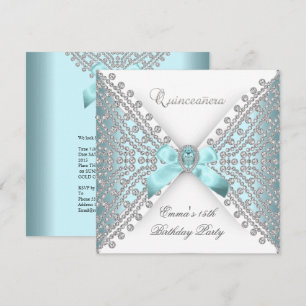 Invitation Quinceanera 15ème Bleu Sarcelle Blanc Faux Diamant