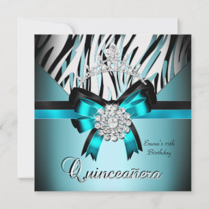 Invitation Quinceanera 15ème Bleu Sarcelle Noir Zèbre Arc Arg
