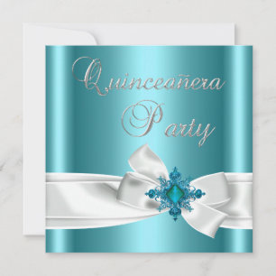 Invitation Quinceanera 15ème Bleu Turquoise Argent Blanc Nœud
