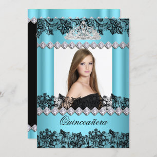 Invitation Quinceanera 15ème Blue Black White Lace Photo