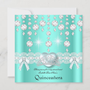 Invitation Quinceanera 15ème Cœur de Diamants Argent Sarcelle