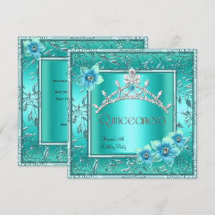 Invitation Quinceanera 15ème Couronne de Fleurs Bleu Sarcelle
