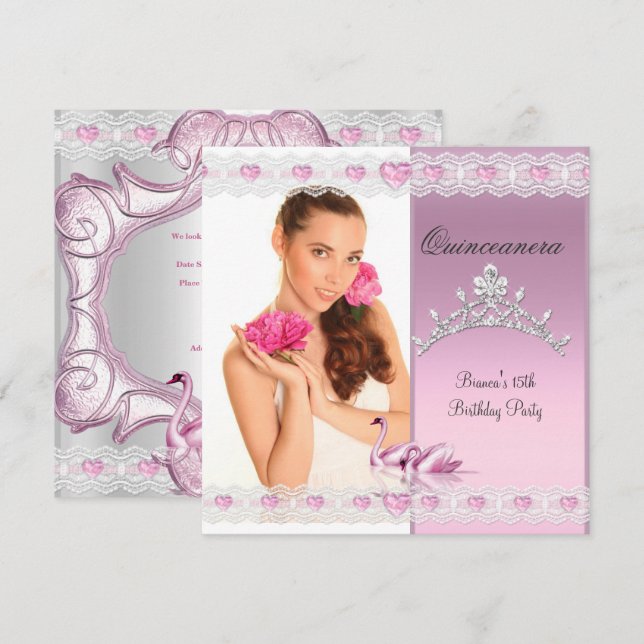 Invitation Quinceanera 15ème cygnes roses blancs Tiara Photo (Devant / Derrière)