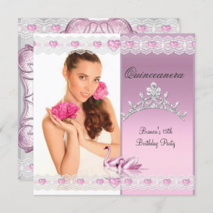 Invitation Quinceanera 15ème cygnes roses blancs Tiara Photo