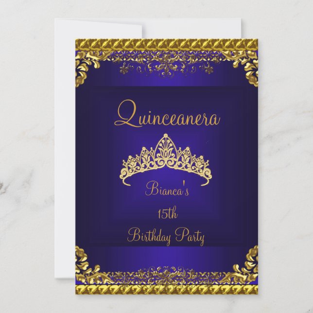 Invitation Quinceanera 15ème Deep Blue Gold Diamond Tiara (Devant)