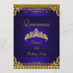 Invitation Quinceanera 15ème Deep Blue Gold Diamond Tiara