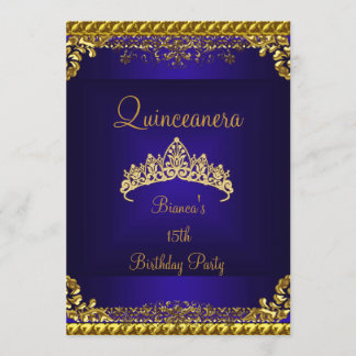 Invitation Quinceanera 15ème Deep Blue Gold Diamond Tiara