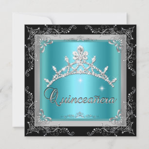 Invitation Quinceanera 15ème Diadème Bleu Canard Argenté Noir