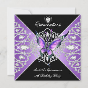 Invitation Quinceanera 15ème Papillon Violet Noir Diadème