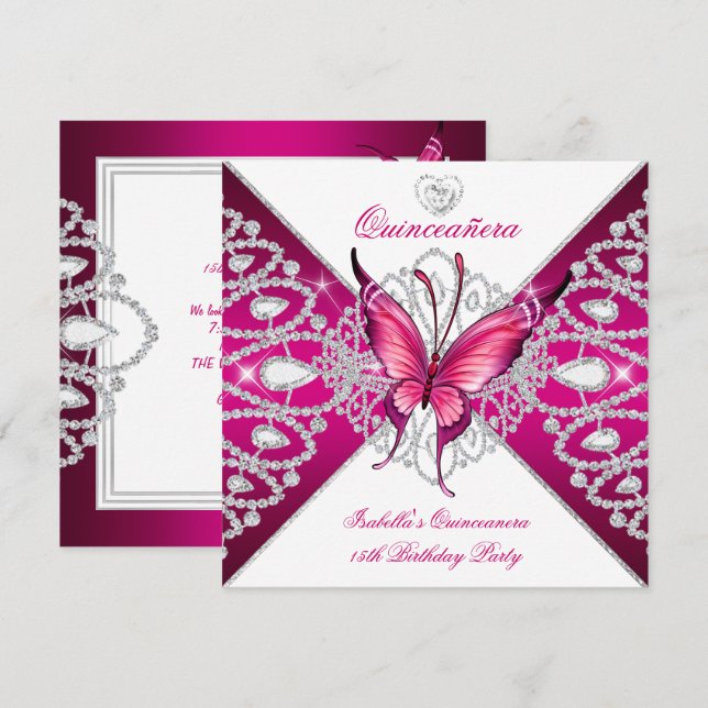 Invitation Quinceanera 15ème Parti Dark Rose Butterfly Tiara (Devant / Derrière)