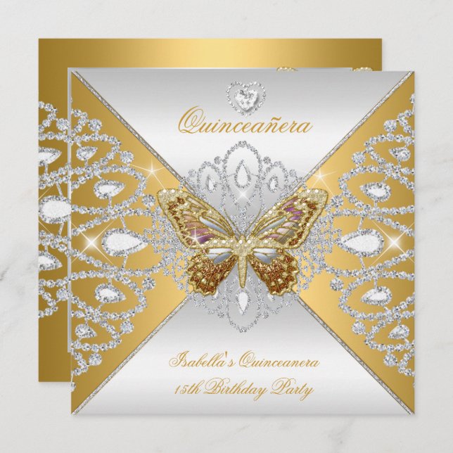 Invitation Quinceanera 15ème Parti Gold Butterfly Silver Tiar (Devant / Derrière)