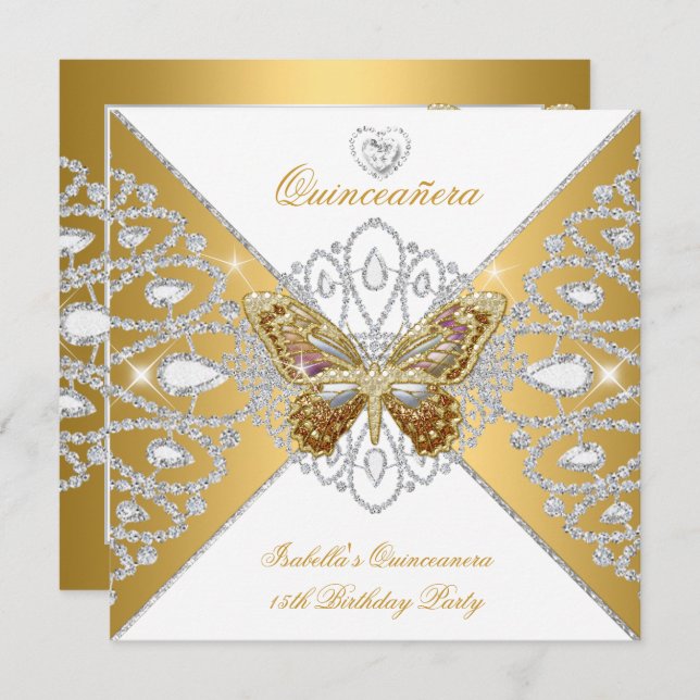 Invitation Quinceanera 15ème Parti Gold White Butterfly Tiara (Devant / Derrière)