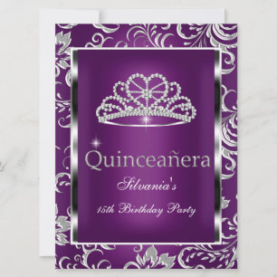 Invitation Quinceanera 15ème Parti Plum violet Damas Argent