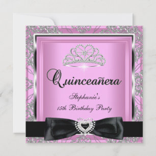 Invitation Quinceanera 15ème Parti rose Damas argent noir