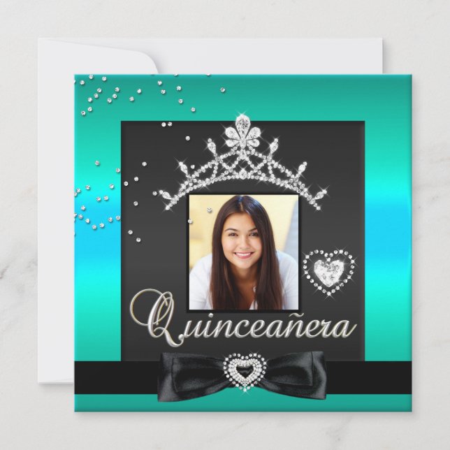 Invitation Quinceanera 15ème Parti Turquoise argent noir (Devant)