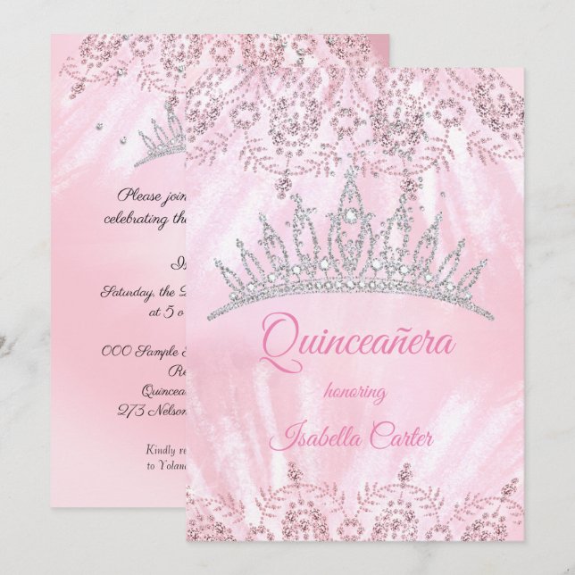 Invitation Quinceanera 15ème parties scintillant rose jolie T (Devant / Derrière)