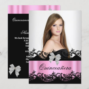 Invitation Quinceanera 15ème Pink Black White Lace Photo