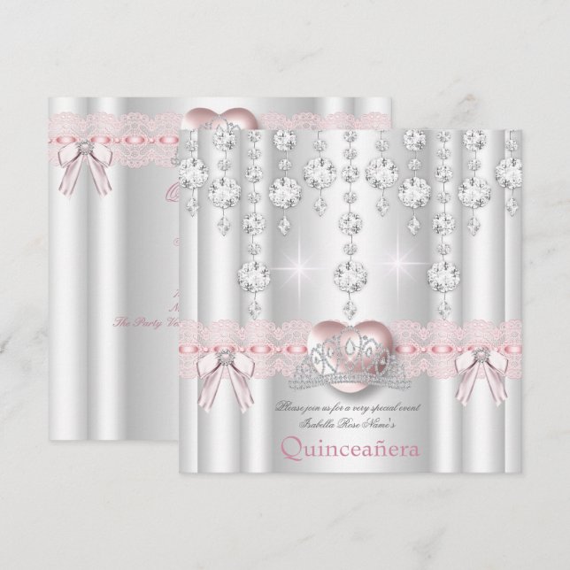 Invitation Quinceanera 15ème Rose Argent Cœur Diamants 2 (Devant / Derrière)