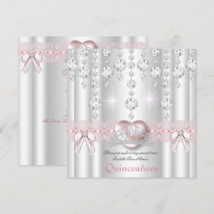 Invitation Quinceanera 15ème Rose Argent Cœur Diamants 2