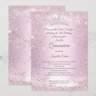 Invitation Quinceanera 15ème Rose Pâle Flocon de Neige Hiver