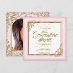Invitation Quinceanera 15ème Rose Pâle Photo Carrosse