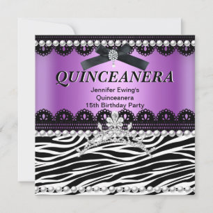 Invitation Quinceanera 15ème rose violet noir Zèbre Tiara