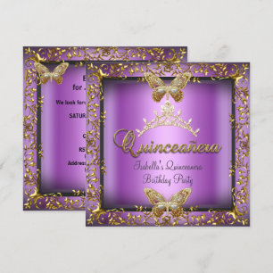 Invitation Quinceañera 15ème Rose Violet Papillon Doré