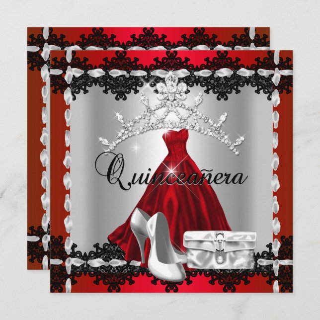 Invitation Quinceanera 15ème Rouge Noir Diamant d'Argent Tiar (Devant / Derrière)