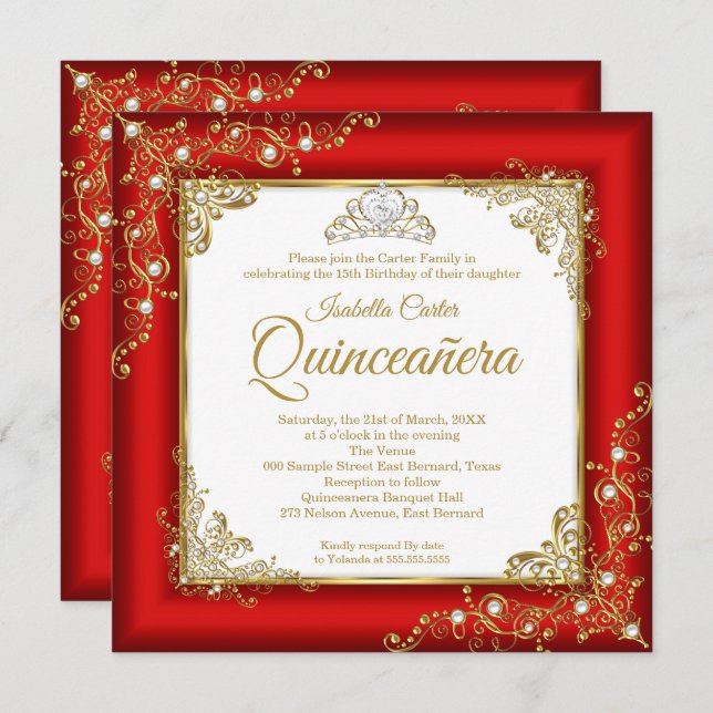 Invitation Quinceanera 15ème Rouge Or blanc Pearl Tiara Photo (Devant / Derrière)