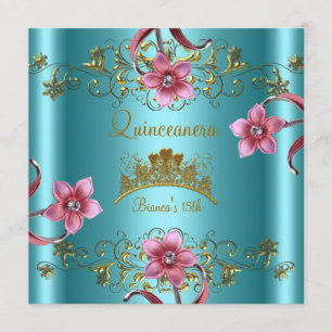 Invitation Quinceanera 15ème Tiare Dorée Fleurs Bleu Turquois