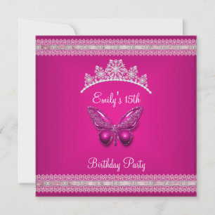 Invitation Quinceanera 15ème Tiare Papillon Rose Fushia