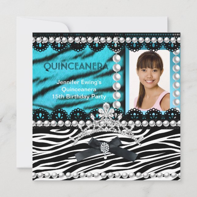 Invitation Quinceanera 15ème Turquoise Black Zebra Pearl Tiar (Devant)