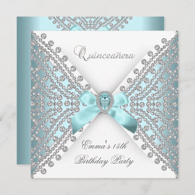 Invitation Quinceanera 15ème Turquoise Bleu Blanc Faux Diaman (Devant / Derrière)