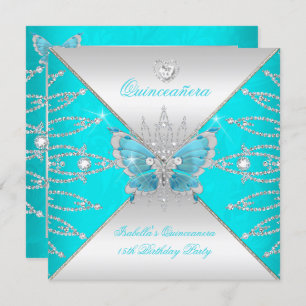 Invitation Quinceanera 15ème Turquoise Bleu Papillon Argent T