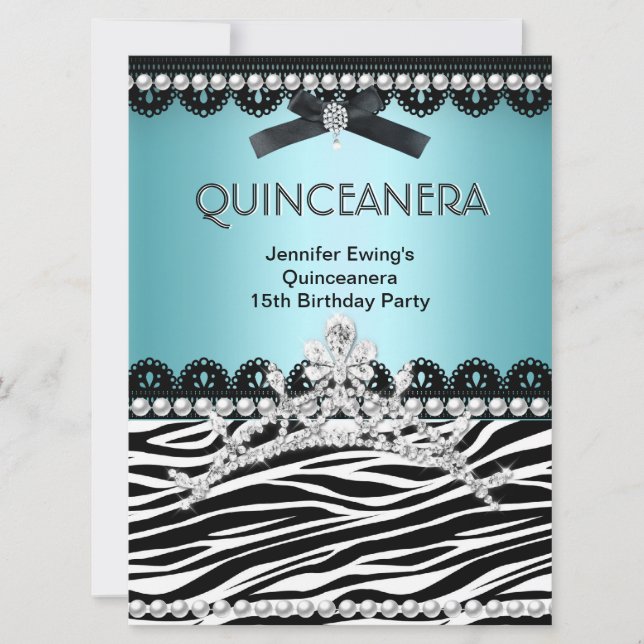 Invitation Quinceanera 15ème Turquoise bleu Zèbre noir Tiara (Devant)
